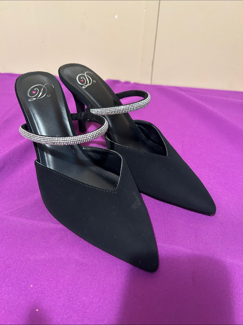 Delicious Black Pointed Mules with Rhinestone Double Straps
